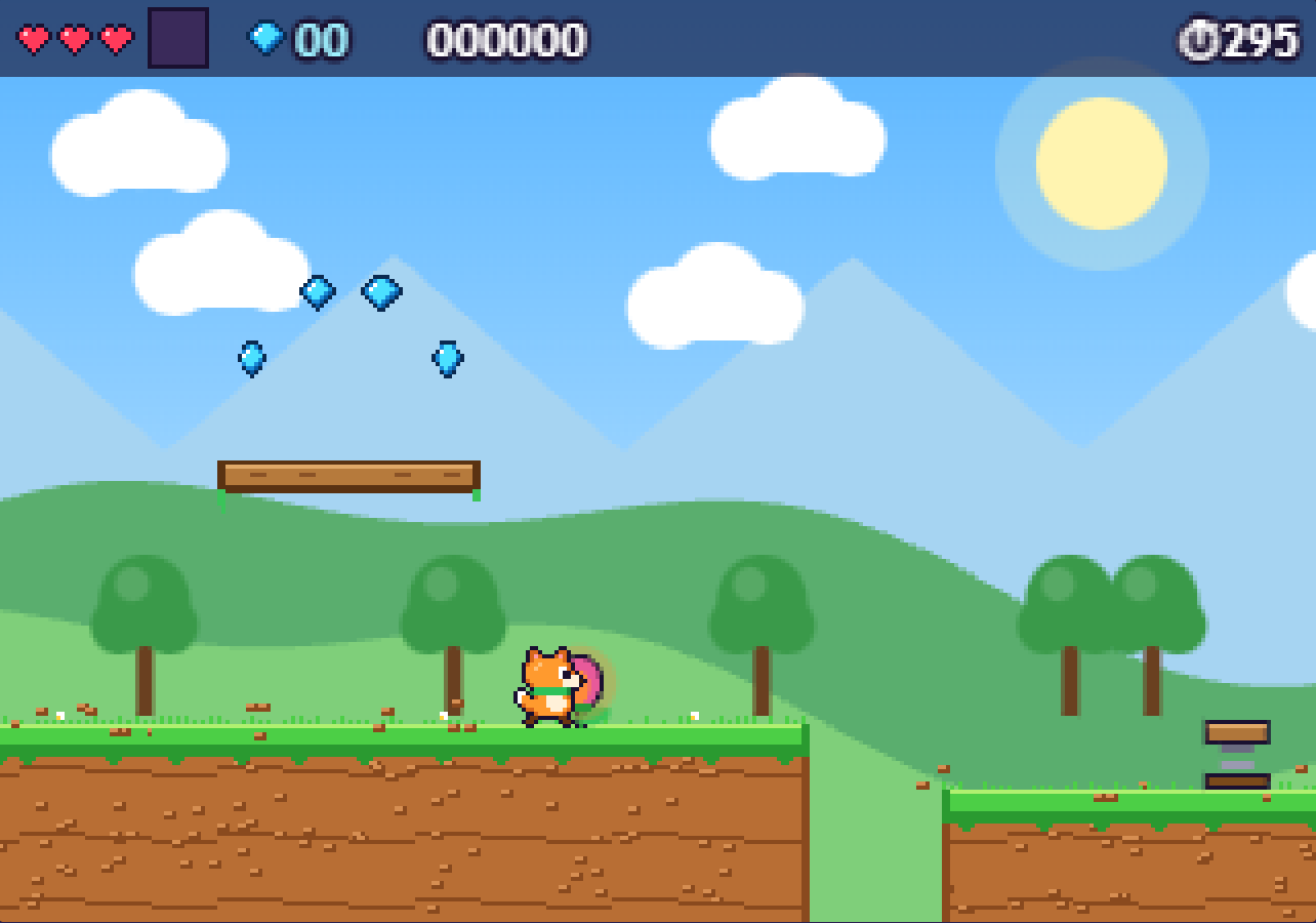 Kipe corriendo por la pradera del primer nivel, con gemas y plataformas