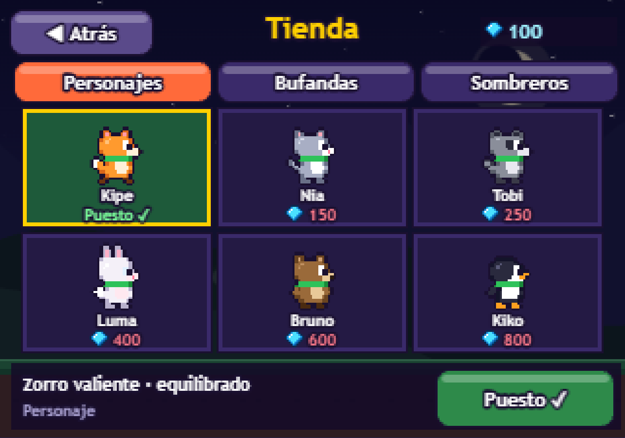 Tienda con los personajes Kipe, Nia, Tobi, Luma, Bruno y Kiko